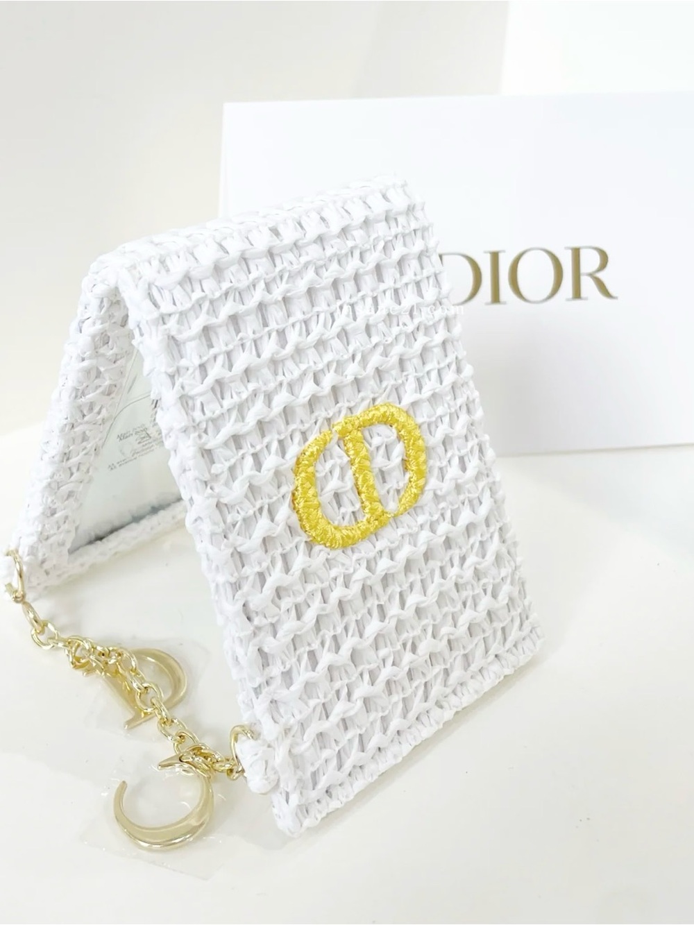 DIOR White Woven Raffia Compact Mirror from Japan Limited Collection Rare NIB